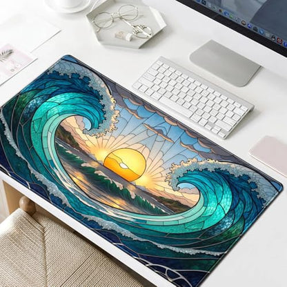 YKJWW Beach Sunset Desk Pad Cute Large Mouse Keyboard Desk Mat, Aesthetic Cute Gaming Desk Keyboard Mats for Desk Mat, Faux Stained Glass Sunset Mousepad Southwest Landscape Desk Pad 31.5x15.7 in - color: Blue Beach