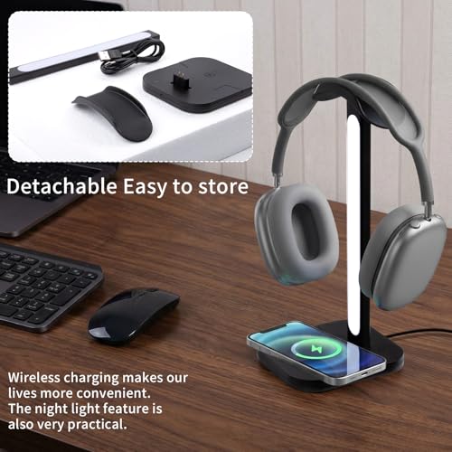 3 in 1 Gaming Headphone Stand with Wireless Charger, Desktop Headset Holder Hanger Rack, Wireless Charging Station Compatible for iPhone Series, PS5, Xbox, PC Gaming Desk Accessories, White - color: White