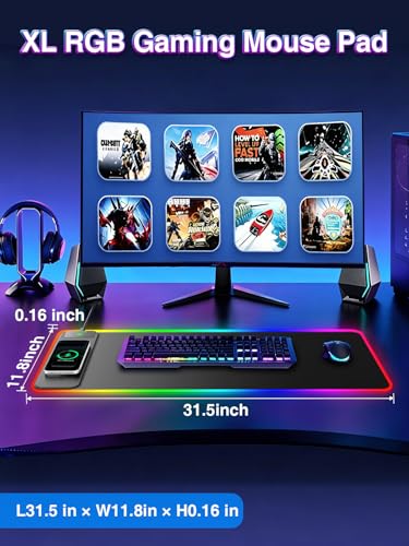 RGB Gaming Mouse Pad with 15W Magnetic Wireless Charging, 31.5'' x 11.8'' | Extra Large LED Mousepad, 24 Lighting Effects Desk Mat with Non-Slip Rubber Base, Waterproof Ultra-Smooth Surface - color: RGB-31.5"x11.8"