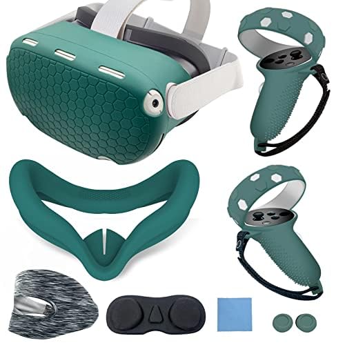JYMEGOVR for Oculus Quest 2 Silicone Cover, Protective Cover Accessories for Meta VR, Multi Colors Soft Shell Skin, Controller Grips & Face Cover Set (Green) - color: Green