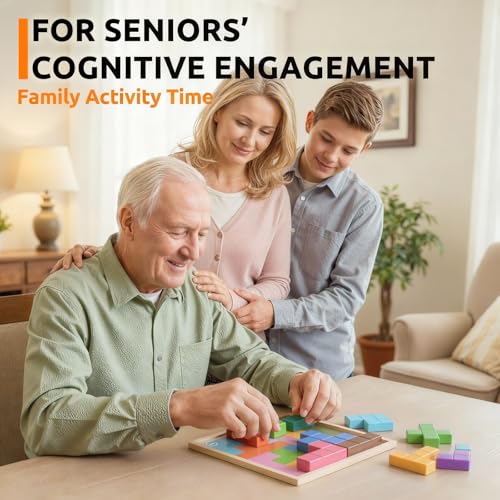 Wooden Memory Matching Game for Adults with Dementia, 13 Pieces | 20 Double-Sided Cards, 40 Patterns, 3 Levels, 8.27 x 8.27 in Board, Easy-Grip Sanded Tiles, Divided Storage Bag