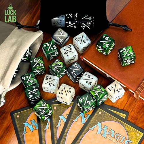 Luck Lab MTG Magic Life Counter Dice - 48 PCS Compatible w/Magic Card Game Accessories, CCG Creature Stats w/ 2 Dice Bags (Green Swirl, White Pearl, Black Pearl) - color: Green Swirl, Green Swirl, White Pearl, Black Pearl