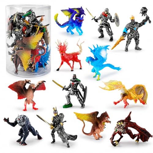 Liberty Imports Medieval Knights & Fantasy Dragons Figurines Set, 12 Pack | Mythical Creatures with Knights, Dragons, Wyvern, Griffin, and More, Mini Toy Figures, For Kids