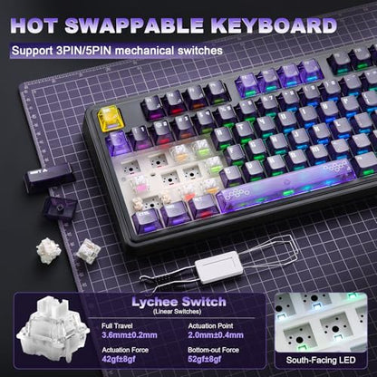 AJAZZ AK980 V2 Pro Mechanical Keyboard, 10000mAh Battery & Dual 8K Tri-Mode Gaming Keyboard with LCD Screen & Metal Knob, Hot Swappable Creamy Keyboard,for Win/Mac(Purple,Lychee Switch) - color: Purple