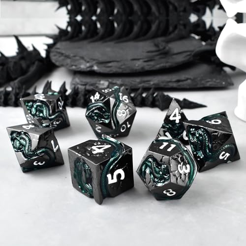 RULE DICE Metal DND Dice Set with Serpent's Cunning Design– 7 Polyhedral Solid D&D Dice – Balanced Metal Dice for Dungeons and Dragons, RPG, Role Playing Games - color: Ld-black White
