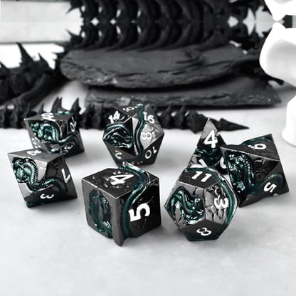 RULE DICE Metal DND Dice Set with Serpent's Cunning Design– 7 Polyhedral Solid D&D Dice – Balanced Metal Dice for Dungeons and Dragons, RPG, Role Playing Games - color: Ld-black White