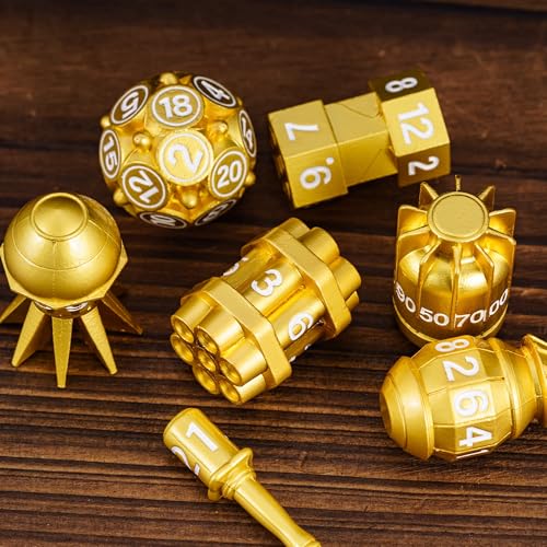UDIXI Metal RPG Dice Set, 7PCS Bomb Polyhedral Metal Dice Set D&D Gold | Bomb Shape, Solid Metal, Leather Pouch Pakaging, Cool Design, for Dungeons and Dragons Role Playing Games Tabletop Game - color: Golden White