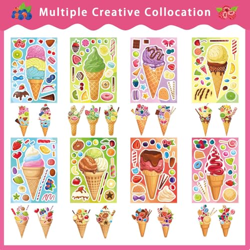 Ice Cream Stickers, Make Your Own Sticker, Make a Face Stickers | 24 Sheets Summer Sticker for Kids Toddlers, Ice Cream Party Favor Supplies Craft - style: Ice Cream