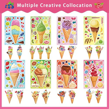 Ice Cream Stickers, Make Your Own Sticker, Make a Face Stickers | 24 Sheets Summer Sticker for Kids Toddlers, Ice Cream Party Favor Supplies Craft - style: Ice Cream