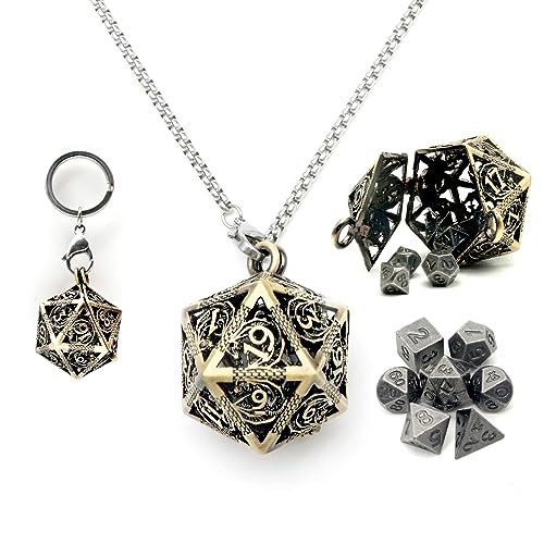 Haxtec Mini Metal DND Dice Set, D20 Hollow Cage Pendant Necklace & Keying | Portable 6mm Micro 7PCS D&D Dice, Cool Charm DND Accessories, For RPG Travel, Unique Gifts for Dungeons and Dragons Players - color: Antique Bronze & Nickel