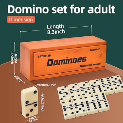 Doublefan Jumbo Dominoes for Adults, Double 6 Domino Set in Prime Wood Box | For 2-4 players, 55 Ivory Jumbo Domino tiles, Metal spinners, Deluxe wood case, family game, board game, Gift choice - style: Jumbo