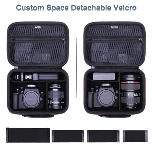 Camera Case Compatible with Canon EOS Rebel T7/R50/R6 Mark II/R100/R50 V/T6/R8/R10/R5 Mark II/RP/R7/5D Mark IV/SL3/R5/T100 DSLR SLR Camera, Len and Tripod with 4 Dividers and Shoulder Strap, Black | Hard Carrying Travel Case for Canon EOS Rebel T7/R50//R1