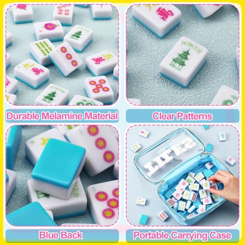 Soulchen American Mahjong Tiles Accessories Set 160 Pieces 1.2 Inches Carving American Mahjong Tiles Game Set with Blue Waterproof PVC Clear Zippered Storage Holder Bag for Game Lover Gift - color: Light Blue, style: Lanterns