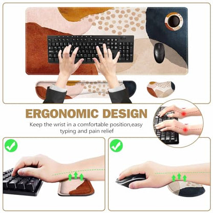 ToLuLu Extended Gaming Mouse Pad, Memory Foam Ergonomic Keyboard Mouse Wrist Rest Support Set, Large Desk Mat with Stitched Edges, Non-Slip Base Mousepad for Home Office and Game, Brown Boho Art - color: Brown Boho Art