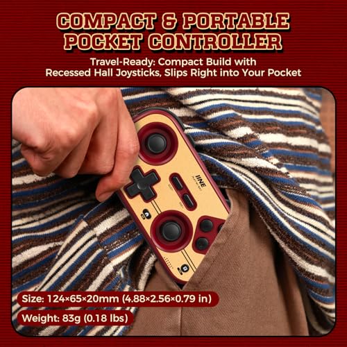 IINE Retro Pocket Game Controller, Wireless Gamepad for Switch/Steam Deck/PC/iOS/Android | Mini Portable Controller with Hall Joystick, 1000Hz Response Rate, Customizable Buttons, 600mAh Battery - color: retro red