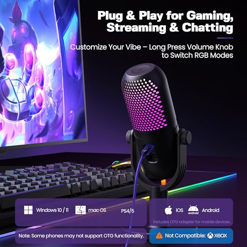 USB Microphone for PC Gaming: Condenser Microphone RGB for Gamer with Stand Mic - Recording Mic for Computer&Laptop with Qiuck Mute - Desk Podcast Mic for Podcast & Singing & Streaming & Youtube Black - style: Black