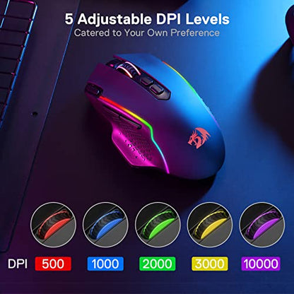 Redragon M810 PRO Wireless RGB Gaming Mouse 10000 DPI Remapping Keys | Cable-Free 0 Delay, Rapid-Fire Macro Keybinds, Vibing Backlight, Ergonomic Grip Body Comfort - color: Black, style: M810 PRO