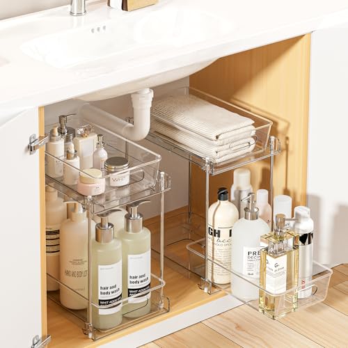 Vtopmart 2 Pack Taller Pull Out Bathroom Under Sink Organizer (S-Higher) | Slide-out drawers, Multi-purpose storage, Clear visibility, Easy Set-up - color: Transparent, size: S-Higher (2 Pack)