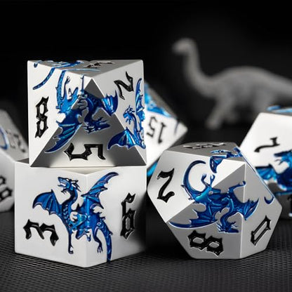 Metallic D&D Dragon Dice Set,Metal DND Polyhedral Dice with Dragon for Dungeons and Dragons RPG TTRPG D and D 7-Die Set with Gift Case (Dragon-Pearl Silver Transparent Blue) - color: Dragon-pearl Silver Transparent Blue
