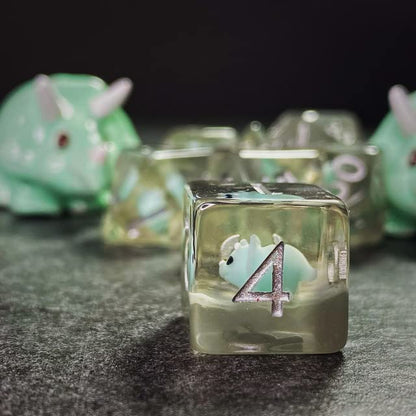 Sage's Portal Familiars Dice and Toy Set Combo Resin DND Dice Set Polyhedral Dice Set for Dungeons and Dragons RPG Pathfinder Tabletop TTRPG (Teal Triceratops+ Figurine) - color: Teal Triceratops, style: Dice Set +Mini Figure