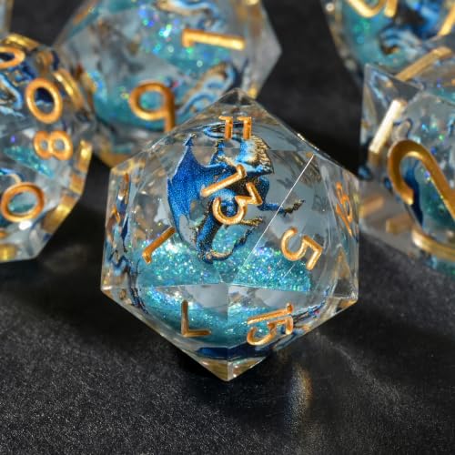 DND Dice Set Polyhedral, Translucent Liquid Core Dice, Resin Blue Dragon Design for Dungeons Dragons D and D TRPG Gaming Dice(Blue Glitter) - color: Blue Dragon-blue Glitter