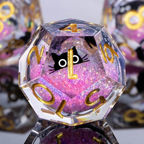 Roycevon Resin DND Dice Set with Gift Box, 7Pcs Liquid Core Cat D&D Dice, Cute Dungeons Dragons D and D Dice, Sharp Edge Role Playing Game Dice D20 D12 D10 D8 D6 D4, Pink - color: Pink