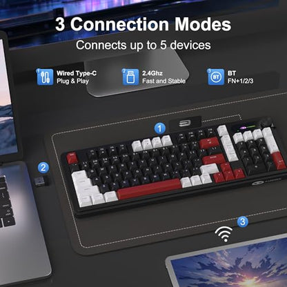 MageGee GK960 Wireless Keyboard, 98 Keys Tri-Mode BT/2.4G/Wired Membrane Gaming Keyboard, RGB Creamy Keyboard with Number Pad, Knob Control, 4000mAh Battery - White & Black - color: White & Black