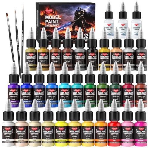 Smallbudi 32 Colors Model Paint Set 20ml/0.6oz Miniature Acrylic Paint | With 3 Brushes & 3 Thinners for Brush Use & Airbrushing, Modeling Paint Set for Miniatures, Gaming Figures, 3D Prints, Crafts - color: 32 Colors with 3 Thinner