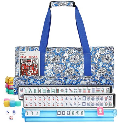 Suncle American Mahjong Tile Set,166 White Tiles Mahjong Set, 4 All-in-One Rack/Pushers,Travel Mahjong Set with Flower Carrying Bag - color: Blue White