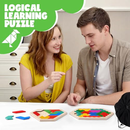 Yunsailing 3 Pack Large Wooden Blocks Puzzles Hexagon Tangram Puzzle Wooden Russian Brain Puzzles for Adult Challenge Teasers Geometric Jigsaw Logic Iq STEM Educational Gift Graduation(Multilateral) - style: Multilateral