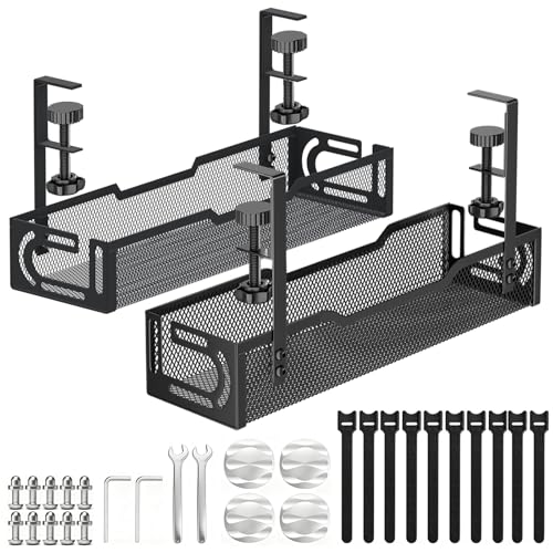 2Pack Under Desk Cable Management Tray, No Drill Mesh Desk Cable Tray | Wire Management Tray Cable Management Rack, Cord Organizer and Cable Management Box (Black) - color: 2Pack-Black (15.3''+15.7'')