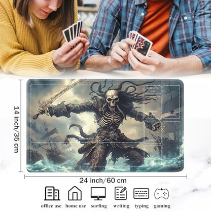 for MTG/TCG Playmat with Zones, 24 x 14 inches Trading Card Playmat with A Storage Bag and 6 Dice, Non-Lip Rubber Bottom Game Desk Mat, Skeleton Pirate - color: Yux-playmats-2-3A-243