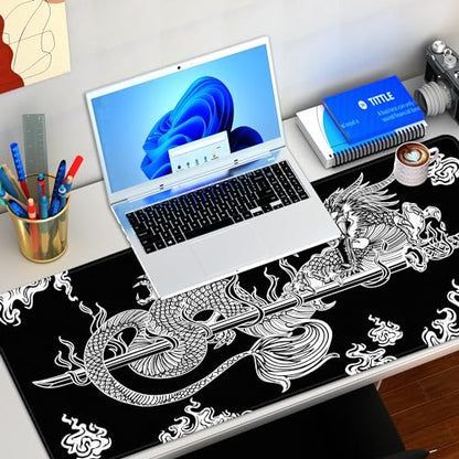 Japanese Dragon Gaming Mouse Pad Large Black Desk Mat, 31.5x11.8in, XL | Extended Big Mousepad, Waterproof Smooth Surface, Non-Slip Rubber Base, Stitched Edges, For Keyboard Mouse, For Home Office - color: Japanese Dragon