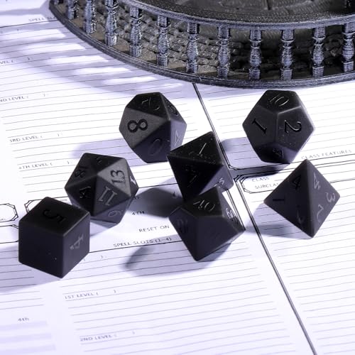 Matte Black Gemstone Dice Set, 7-Piece Handcrafted Polyhedral Dice with Gold Engraving, Ideal for D&D, RPG, MTG & Tabletop Games, Gift Box Included (Black Frosted Stone) - color: Black Frosted Stone