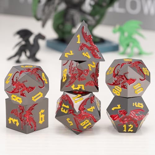 DND Metal Dragon Dice Set with Dragon, Metallic Polyhedral Dice Set for Dungeons and Dragons RPG TTRPG D&D Die with Gift Case (Dragon-Black Nickel Red) - color: Dragon-black Nickel Red