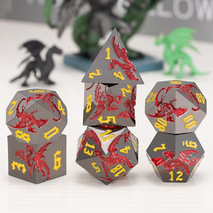 DND Metal Dragon Dice Set with Dragon, Metallic Polyhedral Dice Set for Dungeons and Dragons RPG TTRPG D&D Die with Gift Case (Dragon-Black Nickel Red) - color: Dragon-black Nickel Red