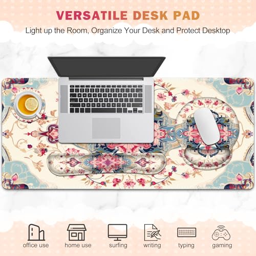 Gaming Mouse Pad, Large Desk Mat Cute Desk Pad Protector, 4in1 XXL Mousepad | + Keyboard Wrist Rest+Mouse Wrist Rest+Coaster Set with Ergonomic Desk Pad for Home Office Computer, Retro Style Pattern - color: Retro Style Pattern