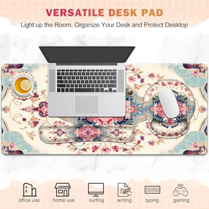Gaming Mouse Pad, Large Desk Mat Cute Desk Pad Protector, 4in1 XXL Mousepad | + Keyboard Wrist Rest+Mouse Wrist Rest+Coaster Set with Ergonomic Desk Pad for Home Office Computer, Retro Style Pattern - color: Retro Style Pattern