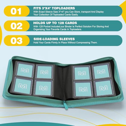 Toploader Binder,4-Pocket Side Load Trading Card Album, Holds 128 Cards | Top Loader Binder with Double-Sided Pockets for MTG, Sports Cards, Top Loader Storage（4 Cyan） - color: 4Cyan9
