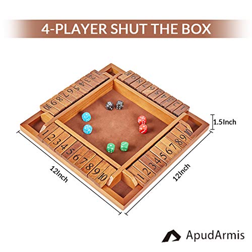 ApudArmis 4-Way Shut The Box, Large Wooden Board Game Set with Dice, 4 Ways Play Shut-The-Box for Teens Learning Addtion Adults Classroom Home Party Pub (12 in)