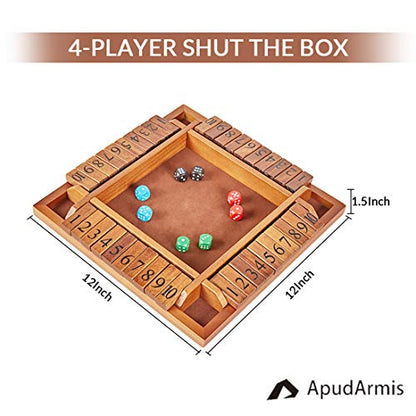 ApudArmis 4-Way Shut The Box, Large Wooden Board Game Set with Dice, 4 Ways Play Shut-The-Box for Teens Learning Addtion Adults Classroom Home Party Pub (12 in)