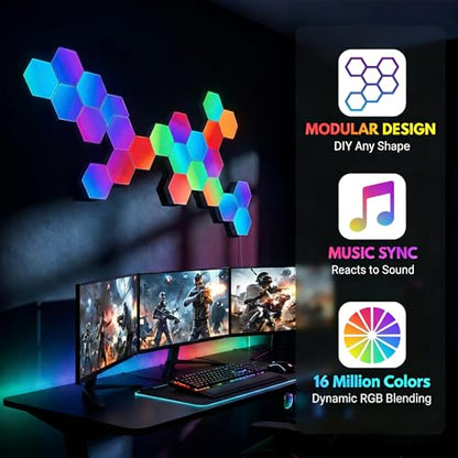 TISOFU 12 Pack Hexagon Lights LED Wall Panels, RGB Gaming Light with APP/Music Sync & Remote, DIY Smart Modular Hexagonal Honeycomb Glide Hex Tiles Panel for Bedroom Party Decor Gifts - size: 12 Pack