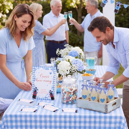 Blue Soda Guess How Many Baby Shower Game Pack of 1 Tabletop Sign with Stand and 50 How Many Cards, Red and Blue Soda Gender Reveal Party Game Decorations - style: Blue Soda