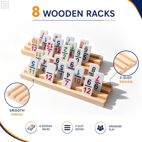 Mexican Train Dominoes Set Double 12 Number Domino Tiles, 91 Colorful Number Dominos Tiles with 8 Wooden Racks, Hub & Trains, Portable Domino Game Set for Adults Kids Families - style: Double 12 Number + 8 Racks