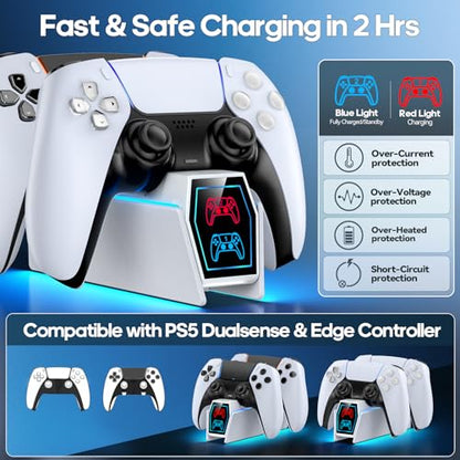 PS 5 Controller Charger Station Compatible with Play 5 Faceplates Edge & Dual Controller, PS 5 Accessories Charging Station, PS 5 Charging Dock Stand with LED Indicators for PlayStation Consoles - color: White
