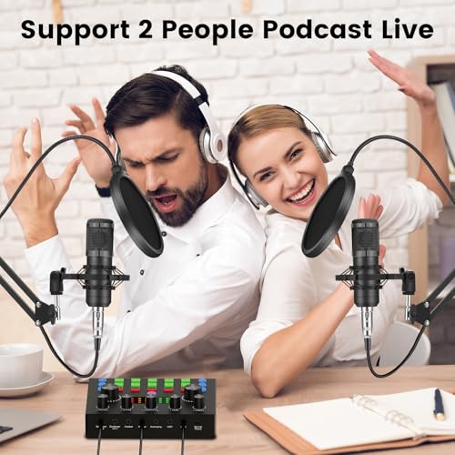 Brvomussy Podcast Equipment Bundle for 2, Audio Interface with Voice Changer Condenser Microphones for Gamer, All-in-One Audio Mixer Perfect for Live Streaming, Singing, YouTube, Gaming