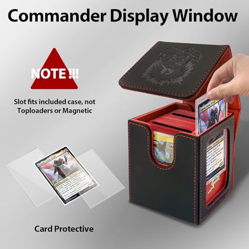 MTG Deck Box with Commander Display,Magnetic Card Storage Box Fits 100 Double Sleeved Cards,with 2 Dividers And 1 Mini Snap Card Holder Black/Red - color: Black/Red