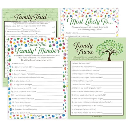 Family Reunion Games Set, 4 Interactive Group Activities, 20 Guests | Family Trivia, Most Likely To, Family Feud & Find the Family Member, 5x7 in Cards
