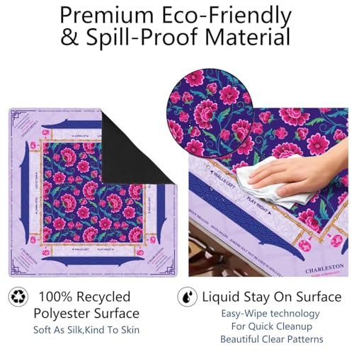 Mahjong Mat for Table with Carrying Bag & 3 Dice, Purple Pink Floral 31.5"x31.5" Square Rubber Mahjong Table Cover, Non-Slip & Noise Reduction Gaming Mat for Mah Jongg, Poker, Dominoes & Tile Games - color: Purple Pink