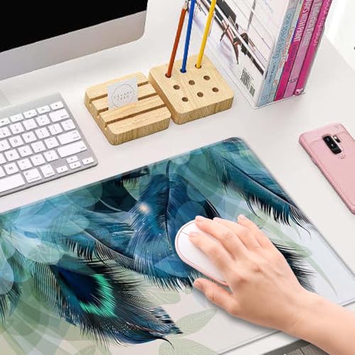 Large Gaming Mouse Pad with Stitched Edges, Desk Pad Extended Keyboard Mat, Non-Slip Rubber Base Mousepads for Laptop, Office, Home, 31.5X11.8 inch Watercolor Peacock Feather - color: Watercolor Peacock Feather